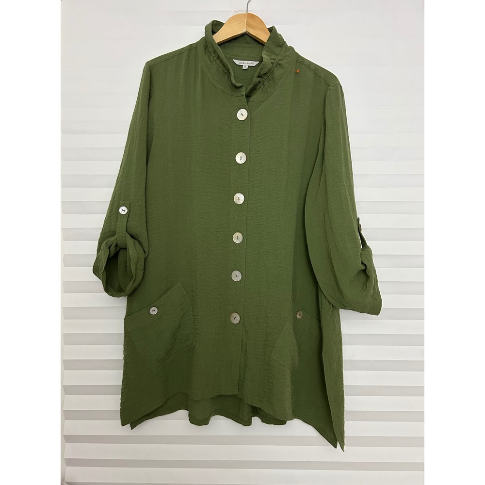 John Mark Women Olive Green Crinkle Roll Tab Sleeve Button Down Boho Tunic XL